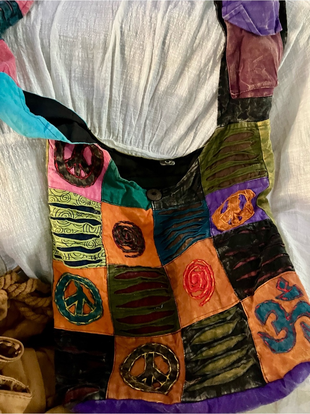 Patchwork Multicolor Boho Shoulder Bag - Vibrant Peace Sign Design